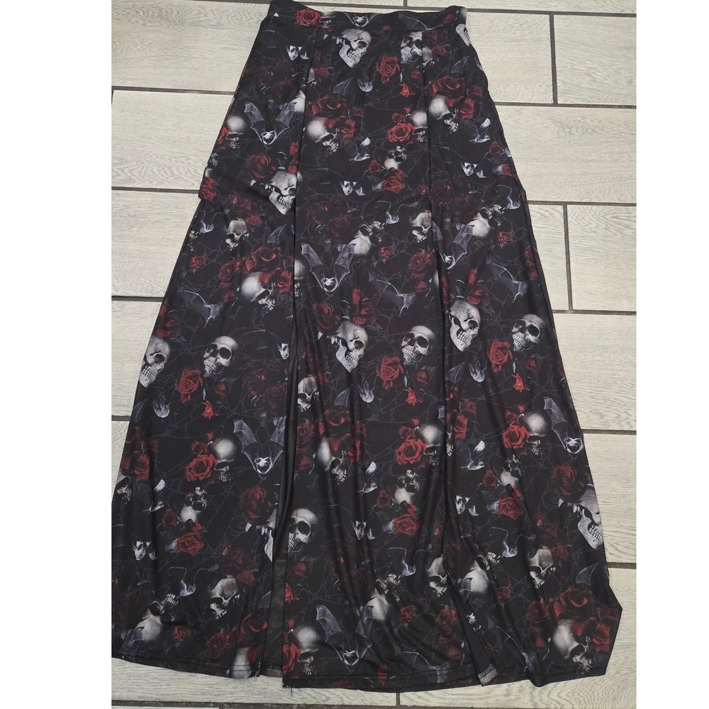 Killstar Skulls Roses Bats Mesh Double Slit Maxi Skirt Black Gothic Grunge M